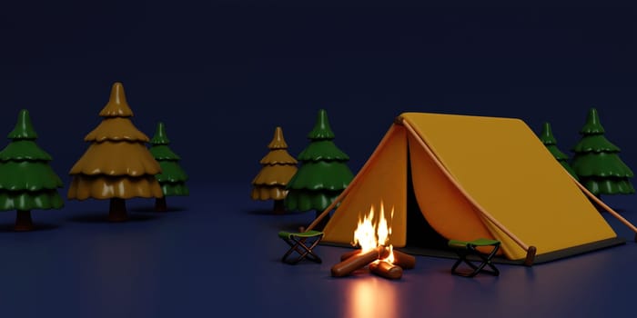 3d Night Campsite in nature and elements for camping, summer camp, camp fire, trip, hiking. Concept. 3d rendering illustration..