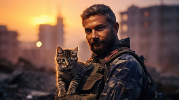 War and domestic animals. Portrait of a military man holding a kitten in his arms during the warfare