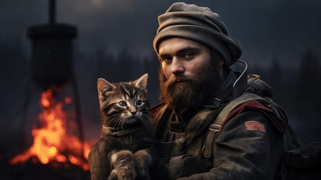 War and domestic animals. Portrait of a military man holding a kitten in his arms during the warfare