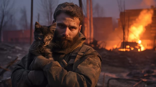 War and domestic animals. Portrait of a military man holding a kitten in his arms during the warfare