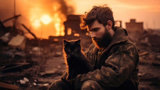 War and domestic animals. Portrait of a military man holding a kitten in his arms during the warfare