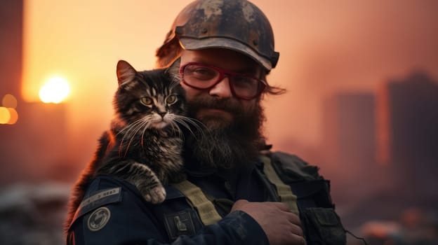 War and domestic animals. Portrait of a military man holding a kitten in his arms during the warfare