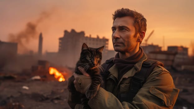 War and domestic animals. Portrait of a military man holding a kitten in his arms during the warfare