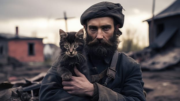 War and domestic animals. Portrait of a military man holding a kitten in his arms during the warfare