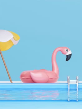 3d flamingo podium and yellow umbrella in a swimming pool. for fun and enjoy tropical. 3d rendering illustration.