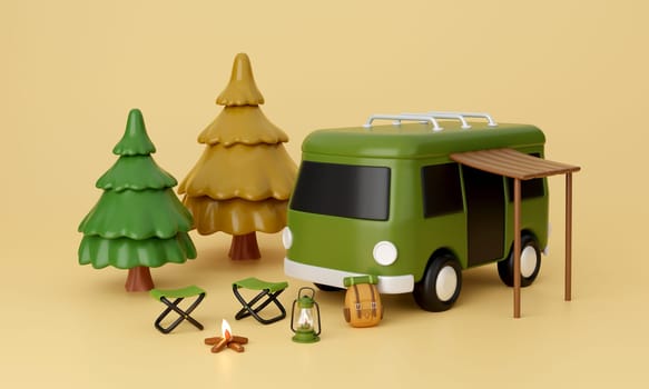 3d Camp van and elements for camping, camp fire, trip, hiking. Concept. 3d rendering illustration..