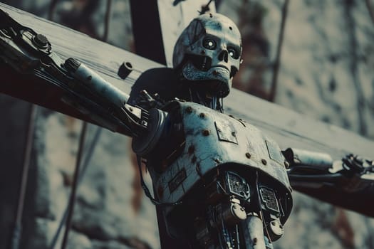 Crucified robot for AGI cyber god concept. Neural network generated image. Not based on any actual person or scene.