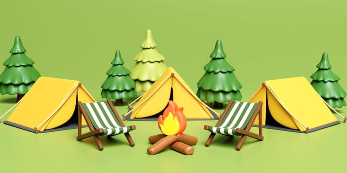 3d Campsite in nature and elements for camping, summer camp, camp fire, trip, hiking. Concept. 3d rendering illustration..
