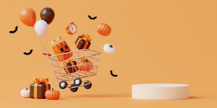 Halloween with pumpkin and empty minimal podium pedestal product display background and Halloween Elements. 3d render..
