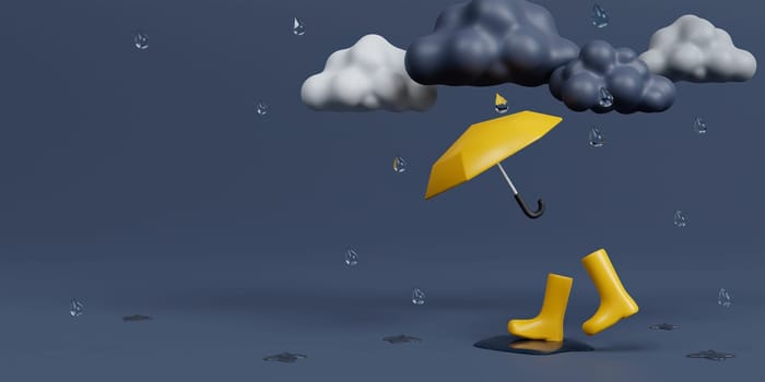 3d Yellow umbrella and rubber boots under rain cloud on dark gray background. 3d rendering illustration..