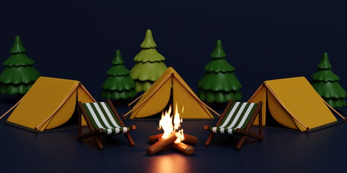 3d Night and dark Campsite in nature and elements for camping, summer camp, camp fire, trip, hiking. Concept. 3d rendering illustration..