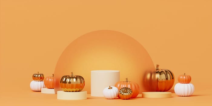 Halloween with pumpkin and empty minimal podium pedestal product display background and Halloween Elements. 3d render..