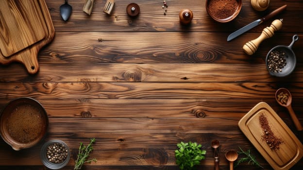 top view of a wooden table with rustic kitchen objects and copy space.
