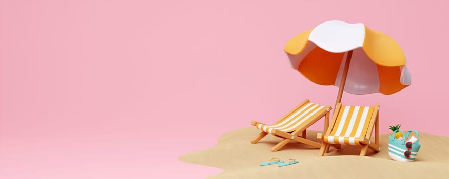 Beach Chair, Umbrella and bag , Summer holiday, Time to travel concept. Creative travel concept idea with copy space. illustration banner 3d rendering illustration.