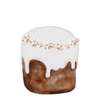 Easter cake watercolor illustration. Decorated with cotton flowers and white icing. Easter kulich isolated image on white background. Hand drawn clipart for cards and invitations for the bright holiday of Christ's Resurrection. . High quality illustration