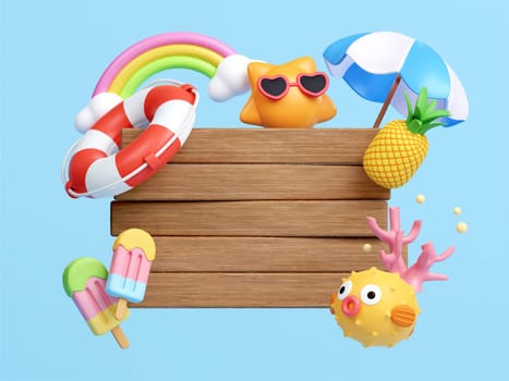 3d Creative Summer Commercial Border with beach accessories. summer vacation and holidays concept. d illustration. banner 3d rendering illustration.
