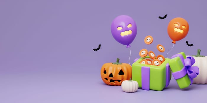 3d Halloween give box with coin, balloon, pumpkin and bat on purple background. Happy Halloween concept. Traditional october holiday. copy space. 3d render..