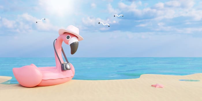 Flamingo float wearing a hat ready for summer vacation. Creative travel concept idea with copy space. 3d rendering illustration.