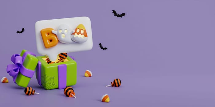 3d Halloween give box with coin, balloon, pumpkin and bat on purple background. Happy Halloween concept. Traditional october holiday. copy space. 3d render..