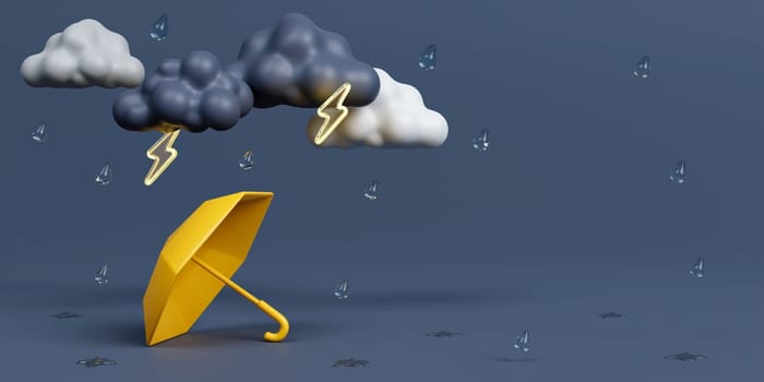 3d Yellow umbrella under rain cloud on dark gray background. 3d rendering illustration..