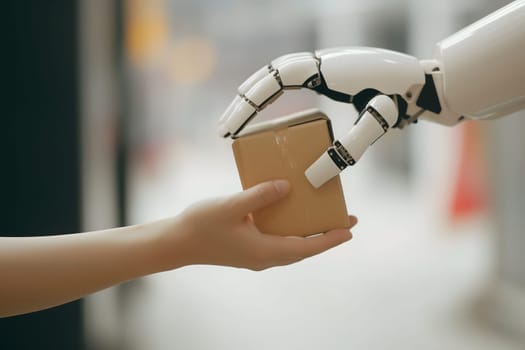 Robot hand giving cardboard box to human hand. Neural network generated image. Not based on any actual person or scene.