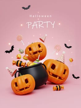 Happy Halloween Festive. Halloween candy in boiling pot, pumpkin and bat on pink background with text . 3d cartoon style. Holiday Hallows' Eve or Saints' Eve. copy space. 3d render..