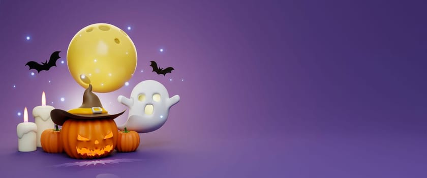 Happy Halloween Festive. Halloween white ghost cute smile face. 3d cartoon style. Holiday Hallows' Eve or Saints' Eve. copy space. 3d render..