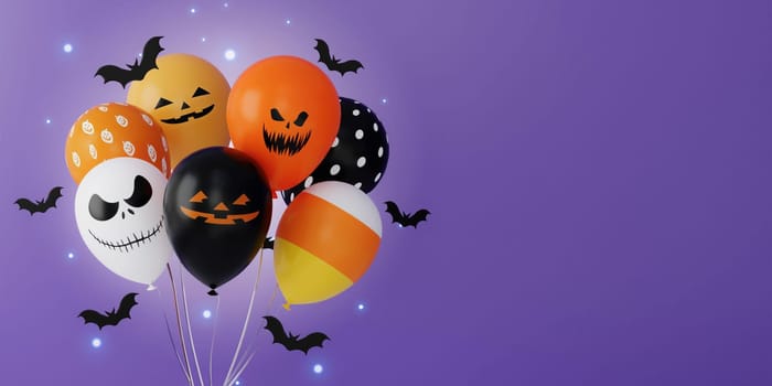 Happy Halloween Festive. Halloween balloon with bat on purple background. Halloween concept. Traditional October holiday. copy space. 3d render..