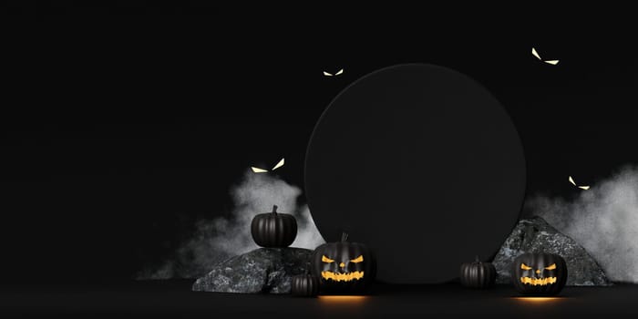 Halloween podium on black background with scary faces pumpkins are glowing in dark. Black and gold template for Halloween. 3d render..