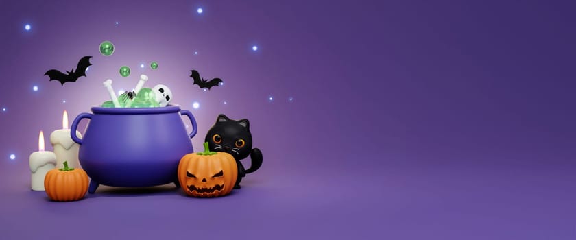 Happy Halloween Festive. Halloween poison pumpkin, candle, black cat and bat . 3d cartoon style. Holiday Hallows' Eve or Saints' Eve. copy space. 3d render..