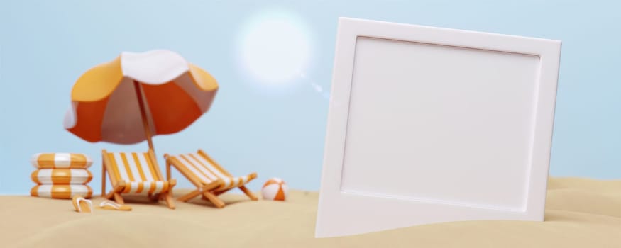 3d illustration of a tropical island. Blank picture frame on a beach. Travel and vacation concept. Concept of summer. illustration banner 3d rendering illustration.