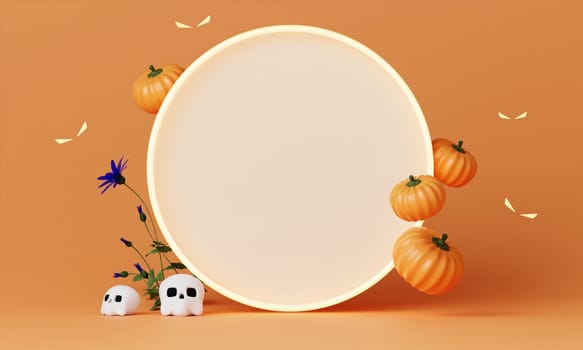 Halloween with pumpkin and empty minimal podium pedestal product display background and Halloween Elements. 3d render..