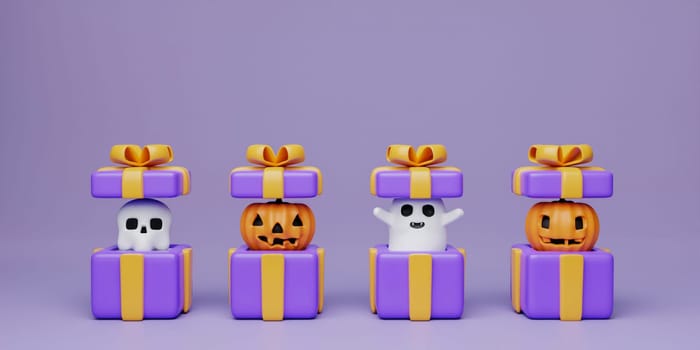 3d Happy Halloween gift. jumps from out surprise boxes on purple background with copy space. Creative Decor for poster, web banner, flyer, brochure. 3d render..