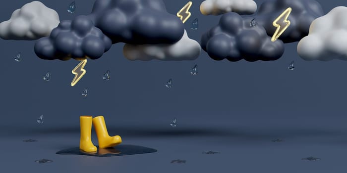 3d Yellow rubber boots under rain cloud on dark gray background. 3d rendering illustration..