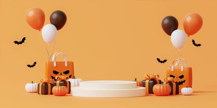 Halloween with pumpkin and empty minimal podium pedestal product display background and Halloween Elements. 3d render..