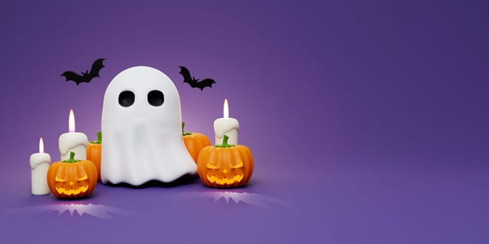 Happy Halloween Festive. Halloween white ghost cute smile face with pumpkins, candle and bat on purple background . 3d cartoon style. Holiday Hallows' Eve or Saints' Eve. copy space. 3d render..