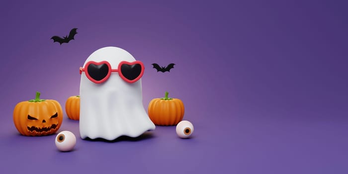 Happy Halloween Festive. Halloween white ghost cute smile face with pumpkins and bat on purple background . 3d cartoon style. Holiday Hallows' Eve or Saints' Eve. copy space. 3d render..