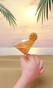 3d hand holding a glass of orange soda on the beach. Summer vacation vibes. Creative summer concept idea. 3d rendering illustration..