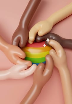 3d LGBT pride parade poster. Cartoon hands celebrating bisexual homosexual transgender equality. 3d rendering illustration..