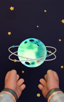 3d hands hold planet .Cosmonaut in space, exploration of outer space. stars and galaxies in background. banner, 3d render illustration..