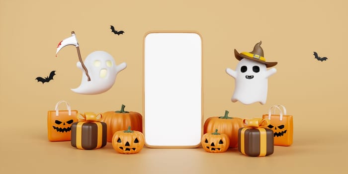 Halloween sale banner template. Festive banner with 3d spooky pumpkins, smartphone, ghost and bat. copy space. 3d render..
