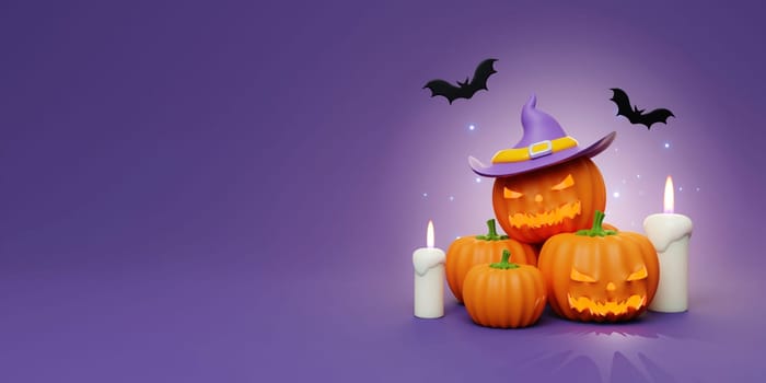 3d Happy Halloween Jack-o-Lantern pumpkin with bat and candle. Happy Halloween concept. Traditional October holiday. copy space. 3d render..