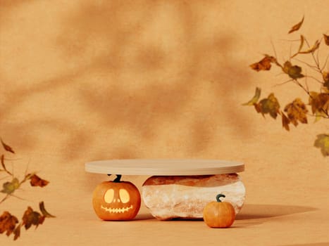 Halloween with pumpkin and empty minimal podium pedestal product display background and Halloween Elements. 3d render..