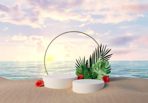 3d render of podium with summer plant. Creative tropical concept idea with copy space. 3d rendering illustration.