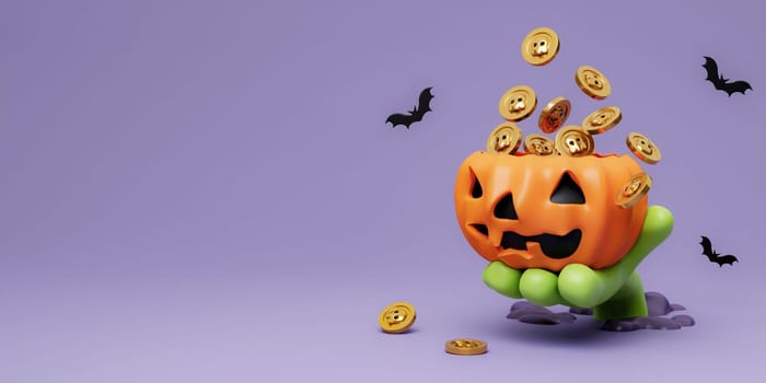 3d Happy Halloween. Zombie hand hold Jack-o-Lantern pumpkin with coin on purple background. Happy Halloween concept. Traditional october holiday. copy space. 3d render..