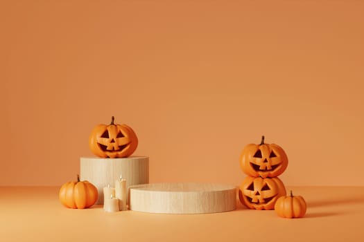 Halloween with pumpkin and empty minimal podium pedestal product display background and Halloween Elements. 3d render..