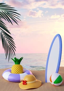 Summer beach vacation. surfboard and pineapple in swimming ring, hat, ball with palm leaf. Creative travel concept idea with copy space. 3d illustration banner. 3d rendering illustration.