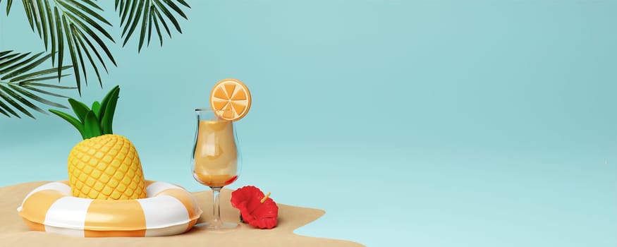 Summer beach vacation. pineapple in swimming ring with orange juice and hibiscus flower. Creative travel concept idea with copy space. illustration banner 3d rendering illustration.