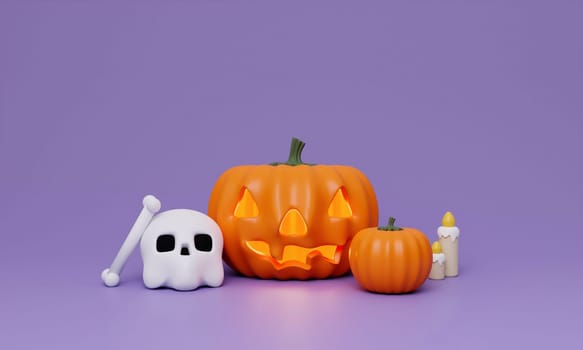 3d Happy Halloween Jack-o-Lantern pumpkin with skull and bones. Happy Halloween concept. Traditional october holiday. copy space. 3d render..