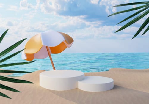 cylinder stage podium empty with summer beach background and umbrella, palm leaf, concept of summer. 3d illustration or 3d render.